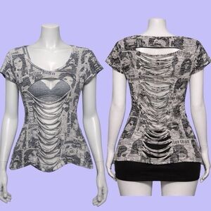 Cursed Kitty “Bad Press” Top Handmade Graphic Grunge Stylish Gray Cut-Out Top